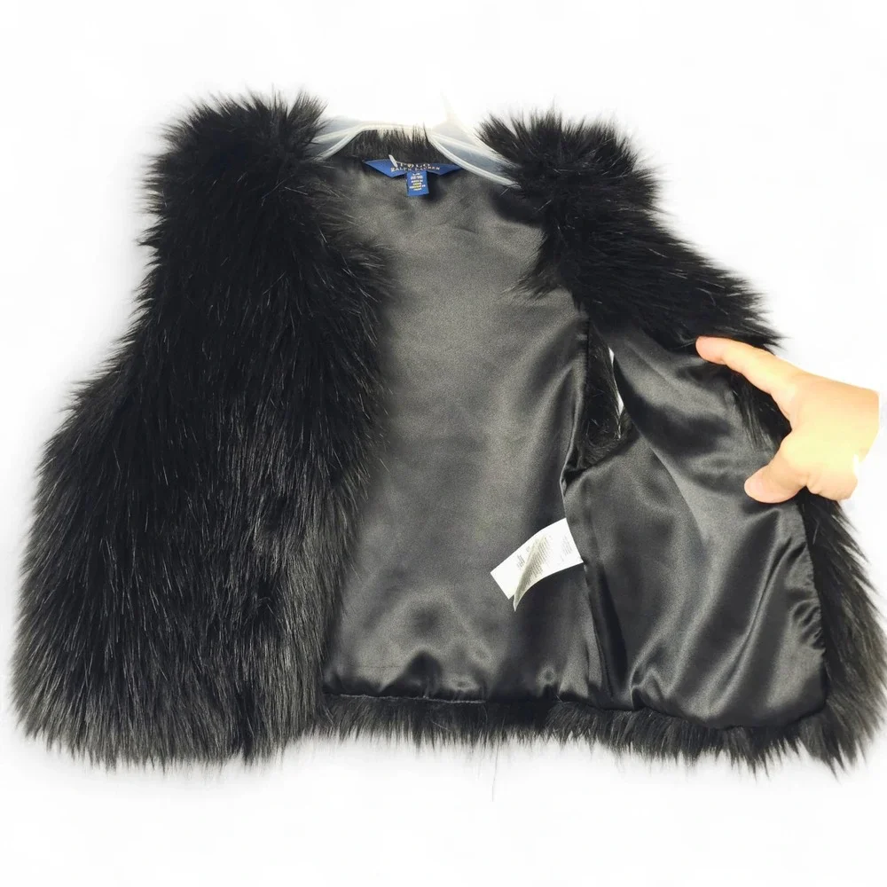 Polo Ralph Lauren Girls Black Faux Fur Vest Size L 12-14 Open Front Layering